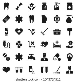 Flat vector icon set - rake vector, water tap, liquid soap, house hold, pills vial, buttocks, heart monitor, no trolley, doctor bag, ambulance star, pulse, broken bone, patch, bottle, hospital bed