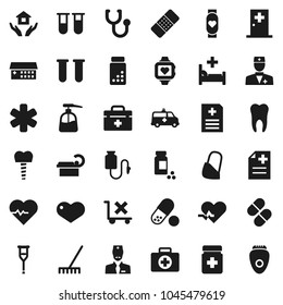 Flat vector icon set - rake vector, liquid soap, house hold, heart pulse, pills vial, monitor, first aid kit, no trolley, doctor bag, ambulance star, crutches, patch, stethoscope, bottle, anamnesis