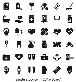 Flat vector icon set - rake vector, liquid soap, house hold, heart pulse, pills vial, buttocks, monitor, doctor bag, crutches, patch, bottle, anamnesis, hospital building, tomography, bandage, tooth