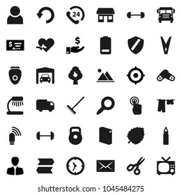 Flat vector icon set - rake vector, clothespin, drying clothes, washing powder, table lamp, scissors, school bus, magnifier, leaf, manager, investment, check, target, barbell, weight, punching bag