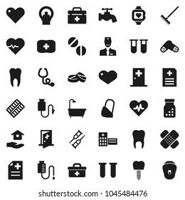 Flat vector icon set - rake vector, water tap, house hold, heart pulse, monitor, first aid kit, doctor bag, vial, crutches, patch, stethoscope, pills, bottle, blister, anamnesis, hospital building