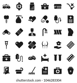 Flat vector icon set - rake vector, liquid soap, house hold, pills vial, buttocks, heart monitor, first aid kit, no trolley, doctor bag, pulse, crutches, patch, blister, anamnesis, hospital bed