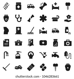 Flat vector icon set - rake vector, water tap, liquid soap, house hold, pills vial, buttocks, first aid kit, no trolley, doctor bag, ambulance star, crutches, broken bone, patch, stethoscope, bottle