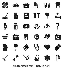 Flat vector icon set - rake vector, house hold, pills vial, buttocks, heart monitor, first aid kit, no trolley, doctor bag, ambulance star, pulse, crutches, broken bone, patch, stethoscope, bottle