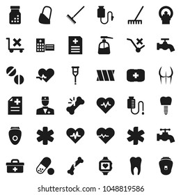 Flat vector icon set - rake vector, water tap, liquid soap, heart pulse, buttocks, pills, monitor, first aid kit, no trolley, doctor bag, ambulance star, crutches, broken bone, bottle, anamnesis