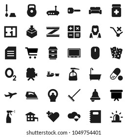 Flat vector icon set - rake vector, iron, bath, toilet brush, liquid soap, sprayer, cleaner woman, copybook, bell, document, cart, presentation board, measuring, weight, pills, breads, oxygen, plane