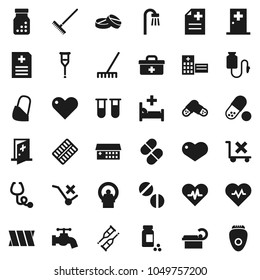Flat vector icon set - rake vector, water tap, heart pulse, pills vial, no trolley, doctor bag, crutches, stethoscope, bottle, blister, anamnesis, hospital bed, building, tomography, bandage, bath
