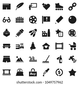 Flat vector icon set - rake vector, kettle, pen, pencil, blackboard, glasses, bell, exchange, fitball, shorts, roller Skates, shuttlecock, attention, package, film frame, spool, satellitie, link