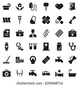 Flat vector icon set - rake vector, water tap, house hold, pills vial, buttocks, heart monitor, first aid kit, doctor bag, crutches, broken bone, patch, stethoscope, blister, anamnesis, hospital bed