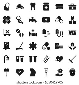 Flat vector icon set - rake vector, water tap, house hold, heart pulse, buttocks, pills, first aid kit, no trolley, doctor bag, ambulance star, vial, crutches, patch, stethoscope, bottle, building