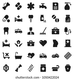 Flat vector icon set - rake vector, water tap, liquid soap, house hold, pills vial, buttocks, heart monitor, no trolley, doctor bag, ambulance star, pulse, crutches, broken bone, bottle, blister