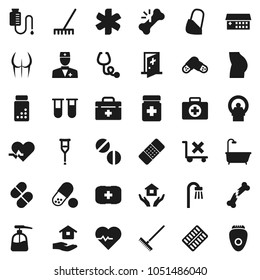 Flat vector icon set - rake vector, liquid soap, house hold, heart pulse, pills vial, buttocks, first aid kit, no trolley, doctor bag, ambulance star, crutches, broken bone, patch, stethoscope, bath