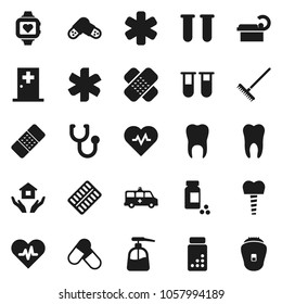 Flat vector icon set - rake vector, liquid soap, house hold, heart pulse, pills vial, monitor, ambulance star, patch, stethoscope, blister, amkbulance car, tomography, tooth, implant, medical room