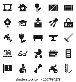 Flat vector icon set - rake vector, glasses, shuttlecock, pool, attention, satellite, wood box, tulip, package, film frame, satellitie, battery, disabled, broken bone, bench, fruit tree, barn, table