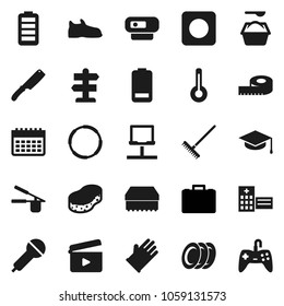 Flat vector icon set - rake vector, sponge, washing powder, rubber glove, cook press, knife, plates, graduate hat, case, measuring, snickers, calendar, hoop, signpost, cinema clap, microphone