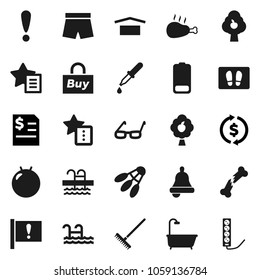 Flat vector icon set - rake vector, welcome mat, chicken leg, glasses, bell, exchange, annual report, fitball, shorts, shuttlecock, pool, attention, dry cargo, battery, dropper, broken bone, bath