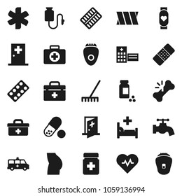 Flat vector icon set - rake vector, water tap, heart pulse, pills vial, buttocks, monitor, first aid kit, doctor bag, ambulance star, broken bone, patch, bottle, blister, hospital bed, building