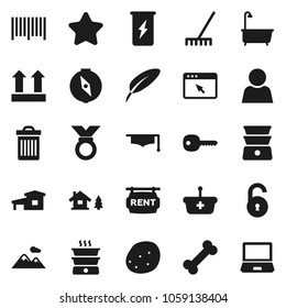 Flat vector icon set - rake vector, trash bin, bath, double boiler, potato, graduate hat, pen, compass, medal, enegry drink, bone, top sign, browser, unlock, user, key, cottage, chalet, mountain
