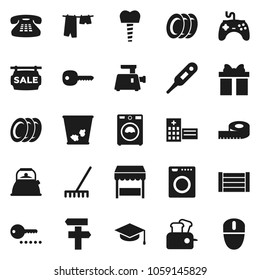 Flat vector icon set - rake vector, trash bin, drying clothes, washer, plates, kettle, graduate hat, measuring, wood box, gamepad, classic phone, thermometer, hospital building, tooth implant, key