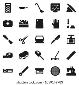 Flat vector icon set - rake vector, sponge, toilet brush, rubber glove, pan, cook press, spatula, ladle, rolling pin, cutting board, grater, sieve, pen, ruler, measuring, first aid kit, scissors