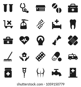 Flat vector icon set - rake vector, water tap, liquid soap, house hold, buttocks, pills, no trolley, doctor bag, heart pulse, vial, crutches, broken bone, patch, stethoscope, bottle, blister, tooth