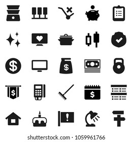 Flat vector icon set - rake vector, shining, pan, double boiler, cake, table lamp, clipboard, exam, japanese candle, piggy bank, dollar flag, calendar, weight, heart monitor, attention, money, house