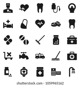 Flat vector icon set - rake vector, water tap, heart pulse, pills vial, monitor, first aid kit, no trolley, doctor bag, bottle, hospital bed, building, amkbulance car, tomography, bandage, tooth