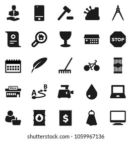 Flat vector icon set - rake vector, towel, water drop, pasta, pen, drawing compass, notebook pc, certificate, calendar, bike, client, receipt, glass, oil barrel, route, mobile phone, stop, mall