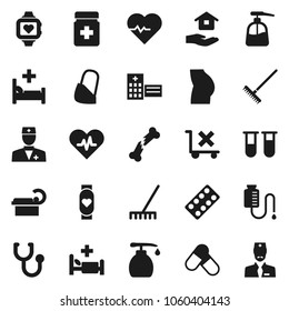 Flat vector icon set - rake vector, liquid soap, house hold, heart pulse, buttocks, pills, monitor, no trolley, doctor, vial, broken bone, stethoscope, bottle, blister, hospital bed, building