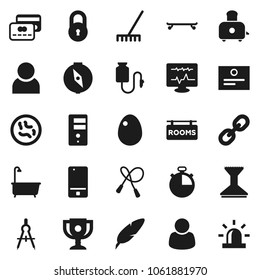 Flat vector icon set - rake vector, car fetlock, bath, toaster, egg, pen, drawing compass, award cup, certificate, stopwatch, jump rope, skateboard, mobile phone, link, microbs, diagnostic monitor