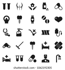 Flat vector icon set - rake vector, liquid soap, house hold, pills vial, buttocks, heart monitor, no trolley, doctor, patch, stethoscope, hospital bed, tomography, bandage, drop counter, bath
