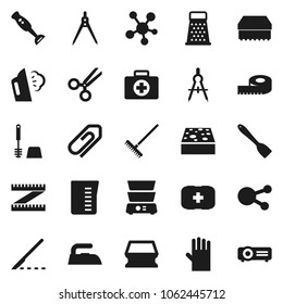 Flat vector icon set - rake vector, sponge, iron, steaming, toilet brush, rubber glove, measuring cup, spatula, grater, double boiler, blender, drawing compass, first aid kit, social media, scissors
