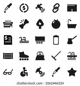 Flat vector icon set - rake vector, kettle, turk coffee, glasses, exchange, annual report, fitball, shorts, roller Skates, pool, truck trailer, wood box, satellitie, link, battery, disabled, dropper