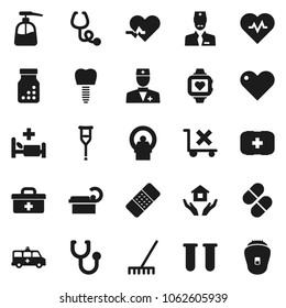 Flat vector icon set - rake vector, liquid soap, house hold, heart pulse, monitor, first aid kit, no trolley, doctor bag, vial, crutches, patch, stethoscope, pills, bottle, hospital bed, tomography