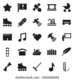 Flat vector icon set - rake vector, pen, pencil, blackboard, music, shorts, roller Skates, pool, attention, satellite, traffic light, ship, dry cargo, film frame, satellitie, heart cross, bench