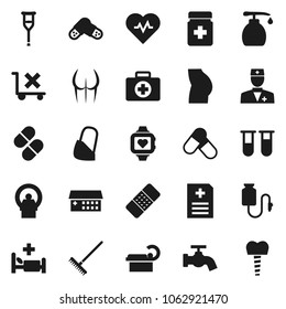 Flat vector icon set - rake vector, water tap, liquid soap, heart pulse, buttocks, pills, monitor, first aid kit, no trolley, doctor, vial, crutches, patch, bottle, anamnesis, hospital bed, building
