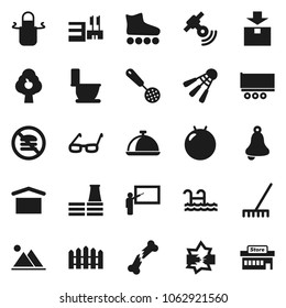 Flat vector icon set - rake vector, toilet, apron, skimmer, dish, blackboard, glasses, bell, fitball, roller Skates, shuttlecock, no fastfood, truck trailer, dry cargo, package, satellitie, pool