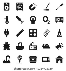 Flat vector icon set - rake vector, car fetlock, iron, sink, water tap, oven, blender, thermometer, ruler, magnet, oxygen, antenna, speaker, crutches, tomography, washer, ari condition, loudspeaker