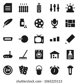 Flat vector icon set - rake vector, camping cauldron, pen, pencil, alarm clock, document, personal information, pills vial, breads, consolidated cargo, warehouse, sorting, film spool, settings, hdmi