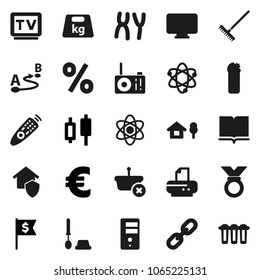 Flat vector icon set - rake vector, toilet brush, cleaning agent, book, atom, japanese candle, dollar flag, euro sign, medal, weight, route, tv, remote control, chromosomes, server, chain, chalet