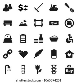 Flat vector icon set - rake vector, foam basin, kettle, skimmer, pen, exchange, no fastfood, traffic light, ship, tulip, film frame, link, group, battery, disabled, heart cross, bench, mountain, buy