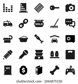 Flat vector icon set - rake vector, foam basin, water closet, spices, blender, pencil, binder, dollar shield, safe, scales, bone, camera, microphone, equalizer, dialog, link, pills blister, key