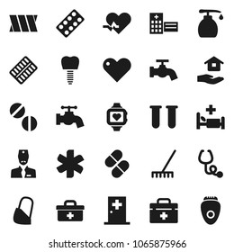 Flat vector icon set - rake vector, water tap, liquid soap, house hold, heart monitor, doctor bag, ambulance star, pulse, vial, stethoscope, pills, blister, hospital bed, building, bandage, epilator