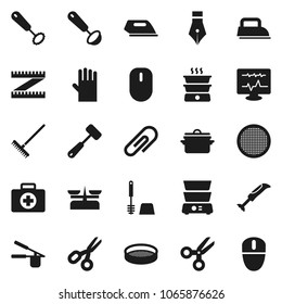 Flat vector icon set - rake vector, toilet brush, rubber glove, pan, cook press, whisk, ladle, meat hammer, double boiler, sieve, pen, scissors, measuring, first aid kit, diagnostic monitor, iron