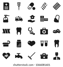 Flat vector icon set - rake vector, water tap, liquid soap, house hold, pills vial, first aid kit, heart, doctor bag, pulse, crutches, stethoscope, blister, anamnesis, hospital building, tomography