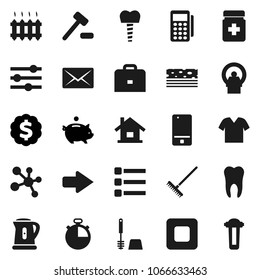 Flat vector icon set - rake vector, toilet brush, kettle, case, piggy bank, dollar medal, stopwatch, molecule, breads, mobile phone, stop button, pills bottle, tomography, tooth, implant, equalizer