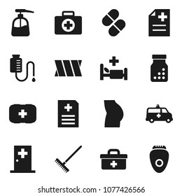 Flat vector icon set - rake vector, liquid soap, buttocks, first aid kit, doctor bag, pills, bottle, anamnesis, hospital bed, amkbulance car, bandage, drop counter, medical room, epilator