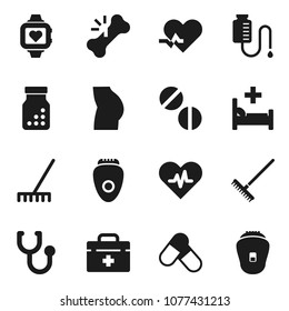 Flat vector icon set - rake vector, buttocks, pills, heart monitor, doctor bag, pulse, broken bone, stethoscope, bottle, hospital bed, drop counter, epilator