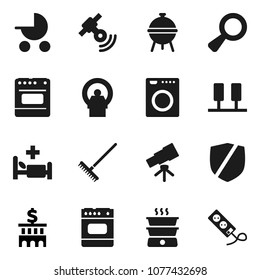 Flat vector icon set - rake vector, bbq, telescope, bank building, protected, satellitie, magnifier, hospital bed, tomography, server, baby stroller, washer, oven, double boiler, multi socket