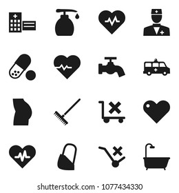 Flat vector icon set - rake vector, water tap, liquid soap, heart pulse, buttocks, pills, no trolley, doctor, hospital building, amkbulance car, bandage, bath